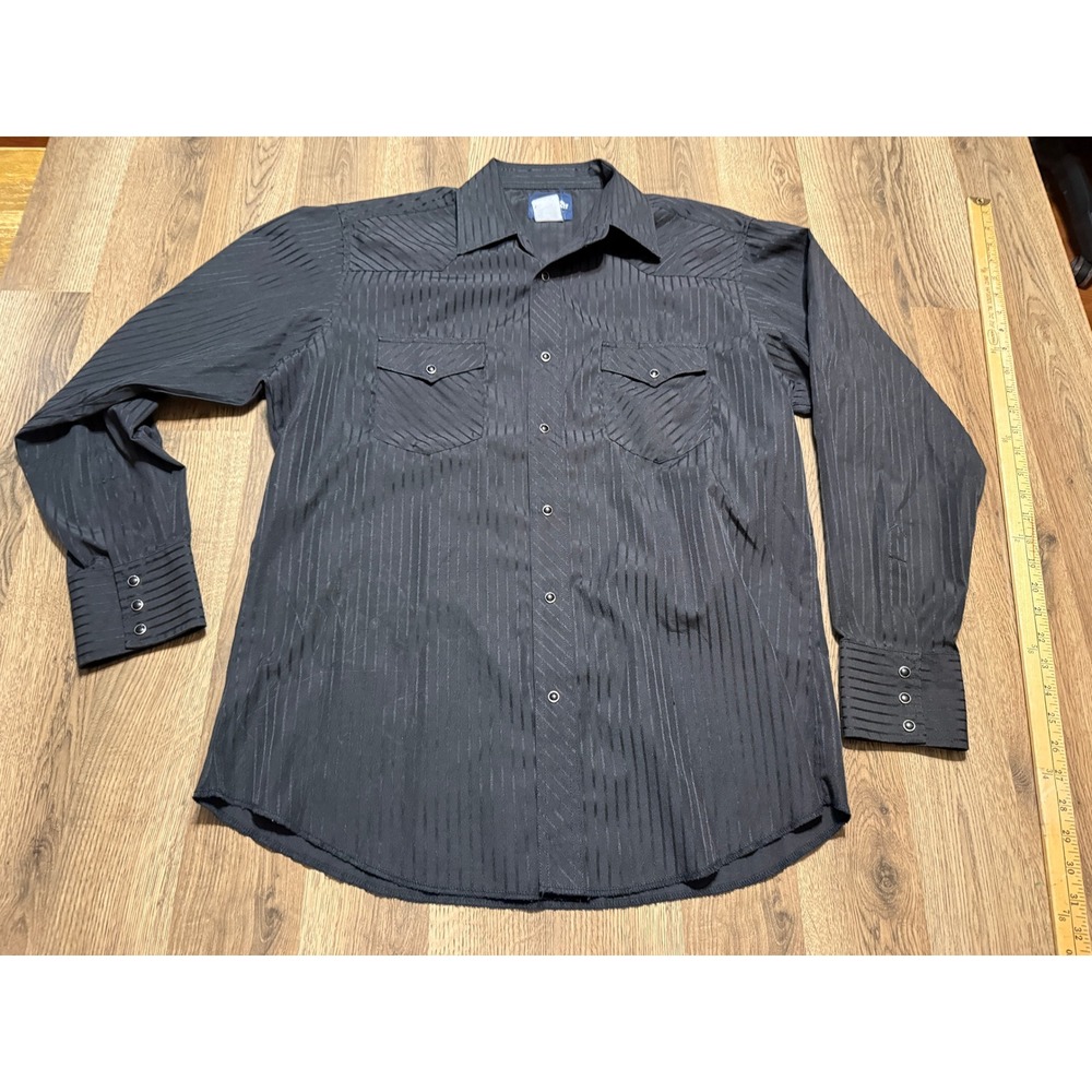 Wrangler Western Shirt Mens Size L Black Pearl Snap Long Sleeve Striped Jacquard